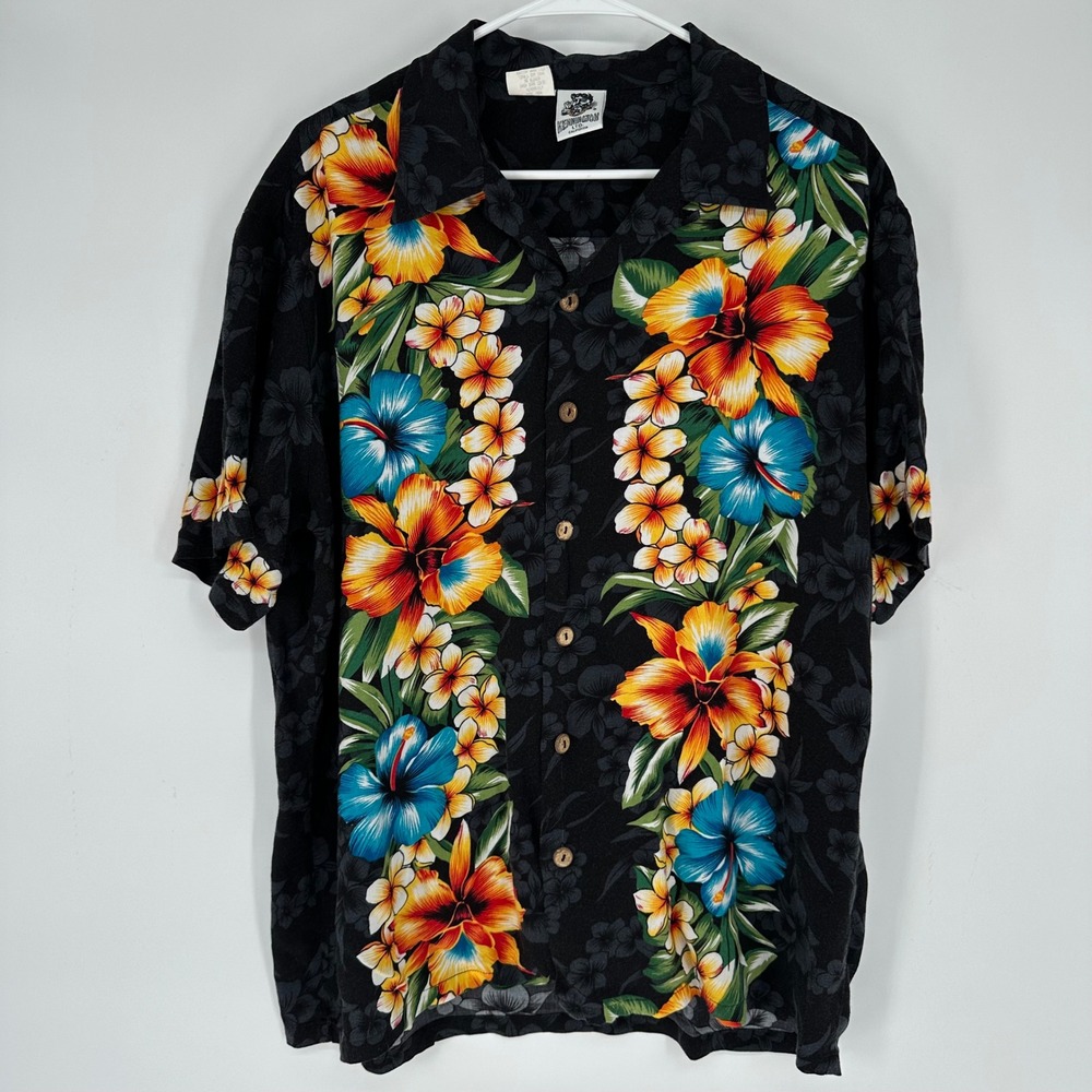 Vintage 90s Kennington Cali Mens Large Black Floral Rayon Hawaiian Button Shirt